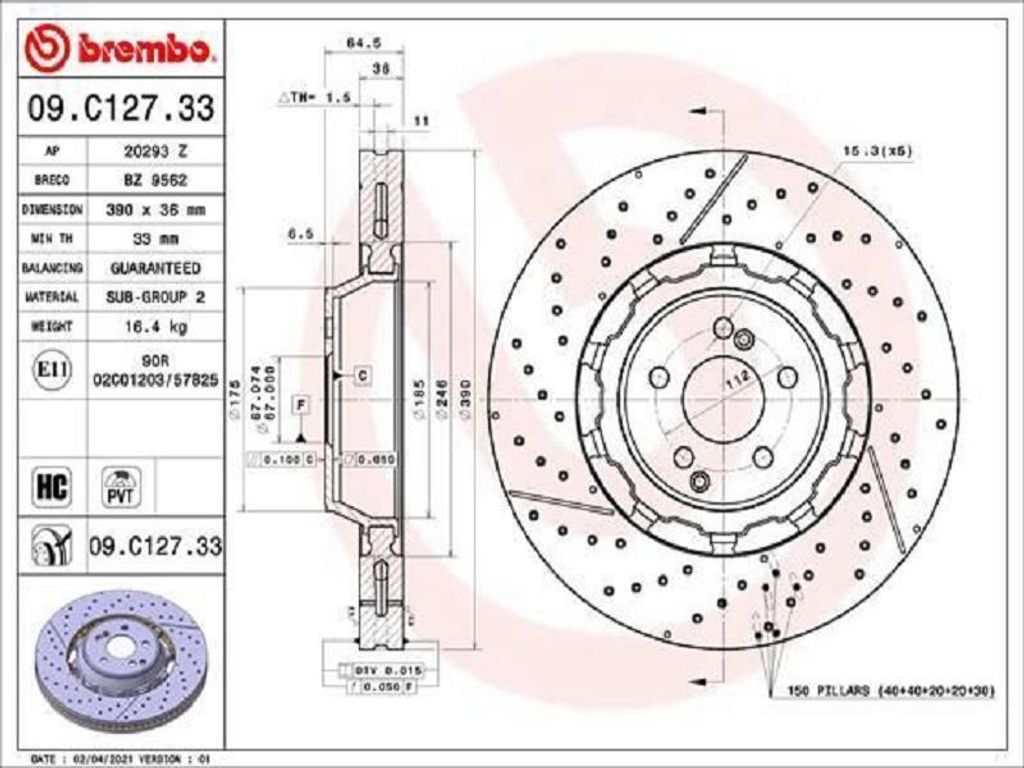 2x BREMBO Bremsscheibe 09.C127.33 64 5mm 390mm Produktbild 