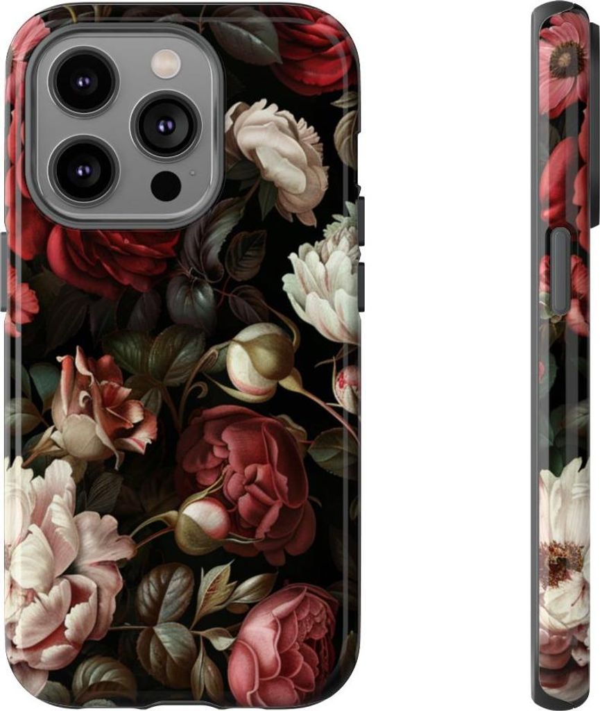 Dunkles Blumenmuster mit Rosen und Pfingstrosen – Hülle Kompatibel mit iPhone 14 Pro