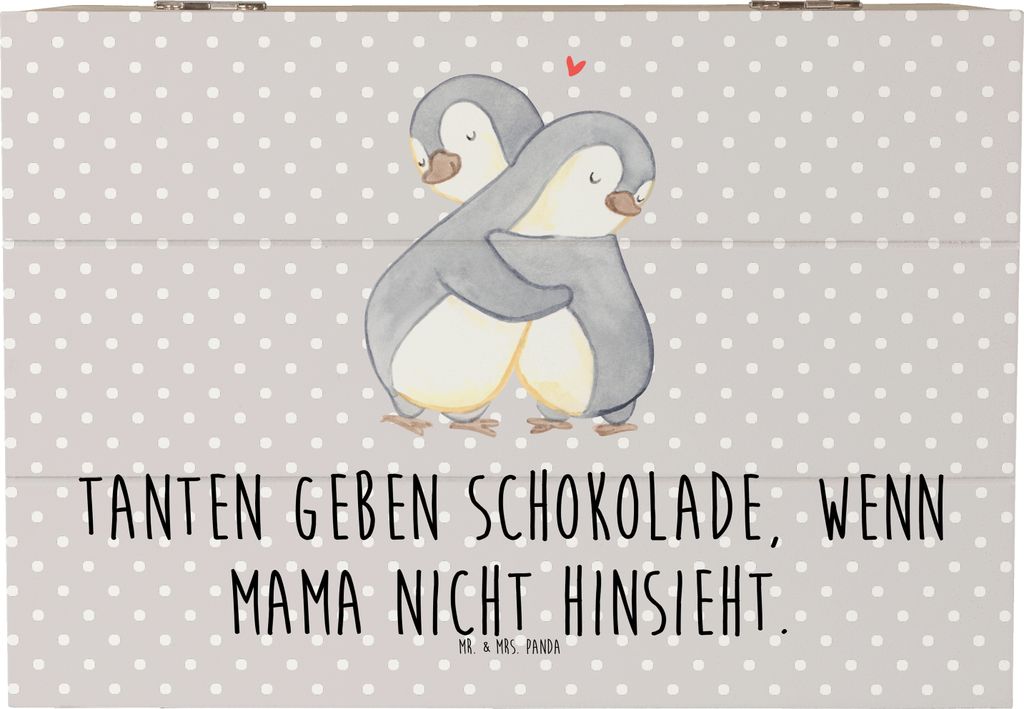 Mr. & Mrs. Panda Holzkiste Tante Schokolade 22 x 15 cm - Grau Pastell - Geschenk, Lächeln, schmuckkiste, Schatzkiste, Weihnachten, geschenkkiste, ...