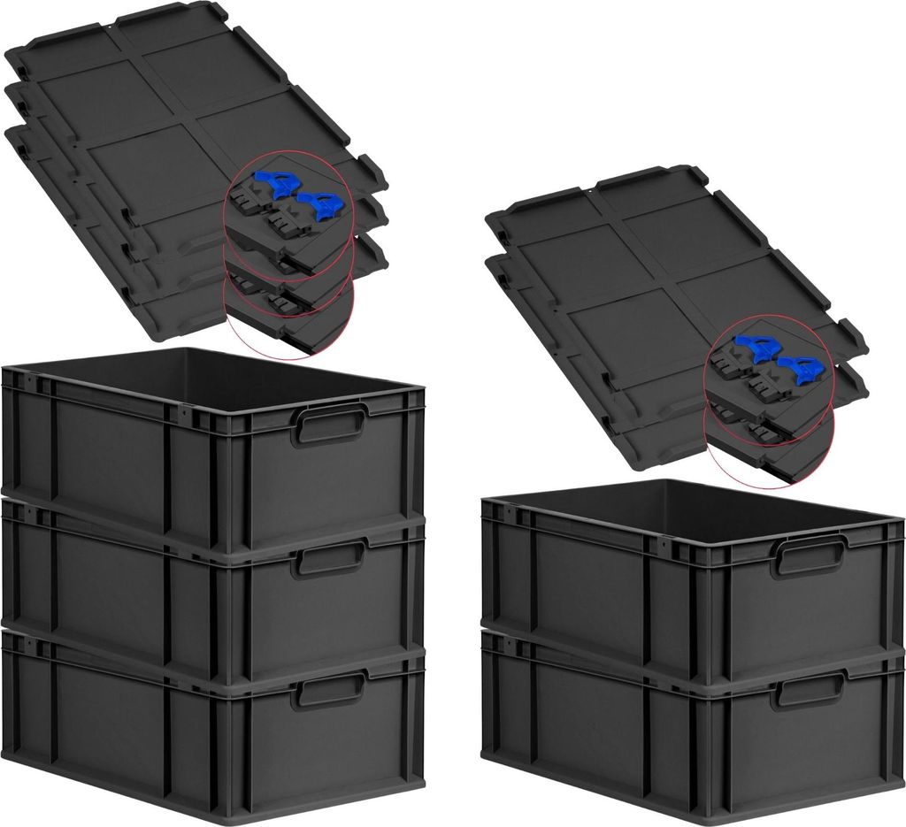 SuperSparSet 5x Eurobox NextGen Grip mit Scharnierdeckel und blauen Schiebeschnappverschlüssen | HxBxT 22x40x60cm | 44 Liter | Schwarz | Griffe ge...