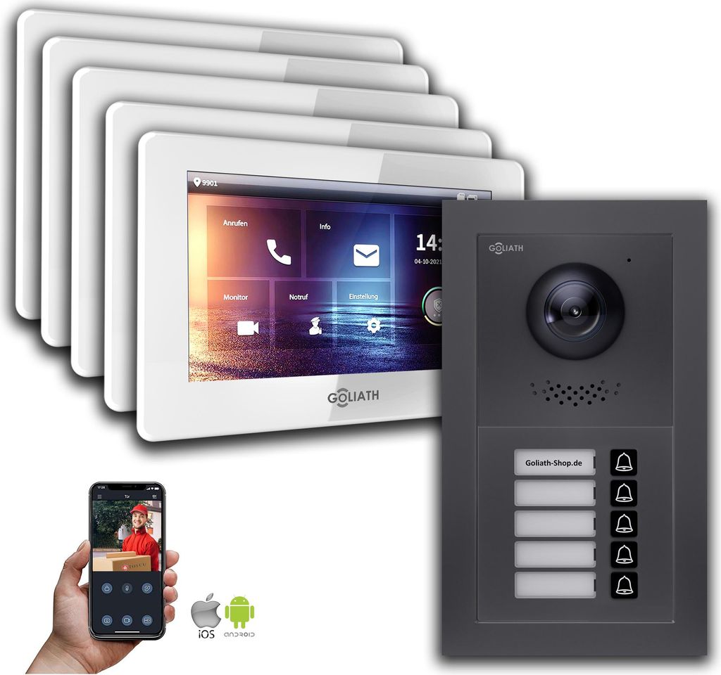 Goliath 2-Draht BUS Video Türsprechanlage: 5 Familienhaus, Smartphone App, Anthrazit : Aufputzdose : 7 Zoll in Weiß Monitor Auswahl: 7 Zoll in We...