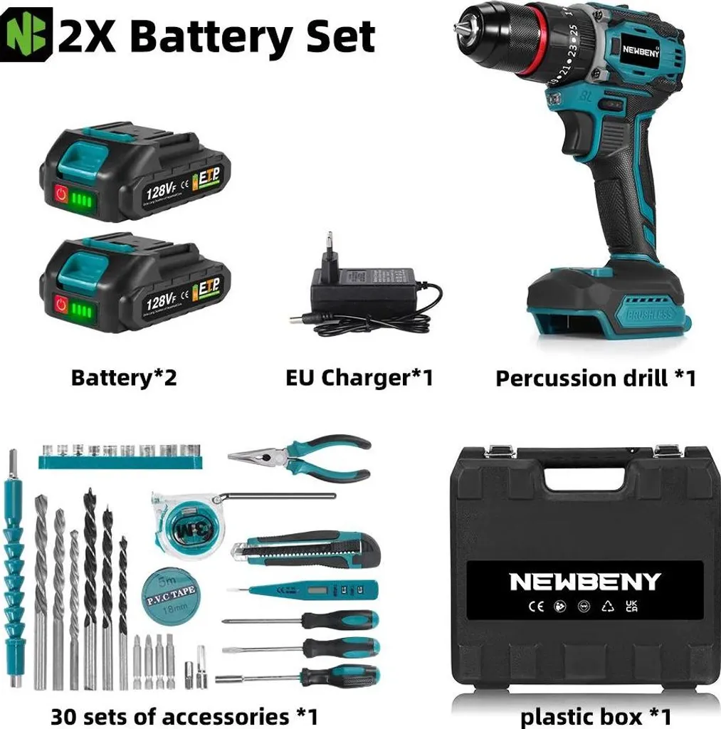 Perceuse sans fil Brushless 80 Nm avec 2 vitesses et double batterie 3 en 1