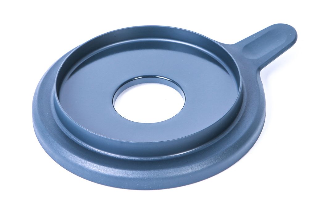A gray plastic lid with a central hole and a handle is shown against a white background.