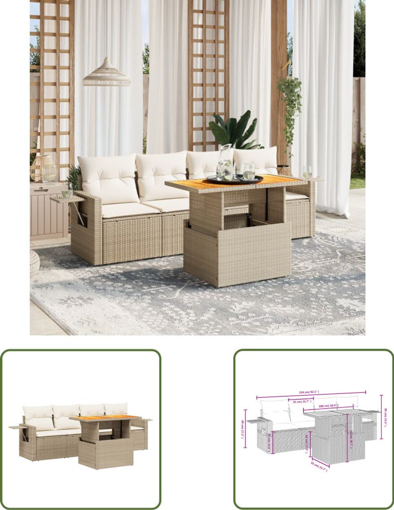The Living Store 5-tlg. Garten-Sofagarnitur mit Kissen Beige Poly Rattan