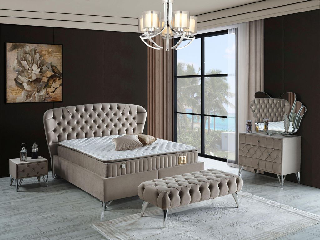 Schlafzimmer-Set "Bellana" – Bett mit Bettkasten und Matratze , Nachttisch, Kommode, Bettbank-Hellgrau