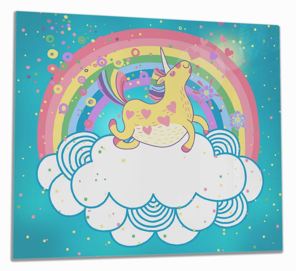 Wallario Herdabdeckplatte aus Glas, Größe 60 x 52 cm 1-teilig, Motiv Lustiges Einhorn auf einer Wolke vor Regenbogen