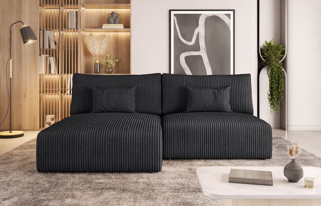 Easy4You Graphite Ecksofa Modulo Kord in L-Form 210x69x152 cm mit Schlaffunktion und Bettzeugbehälter - Schlafsofa mit Bettkasten - Eckcouch mit S...