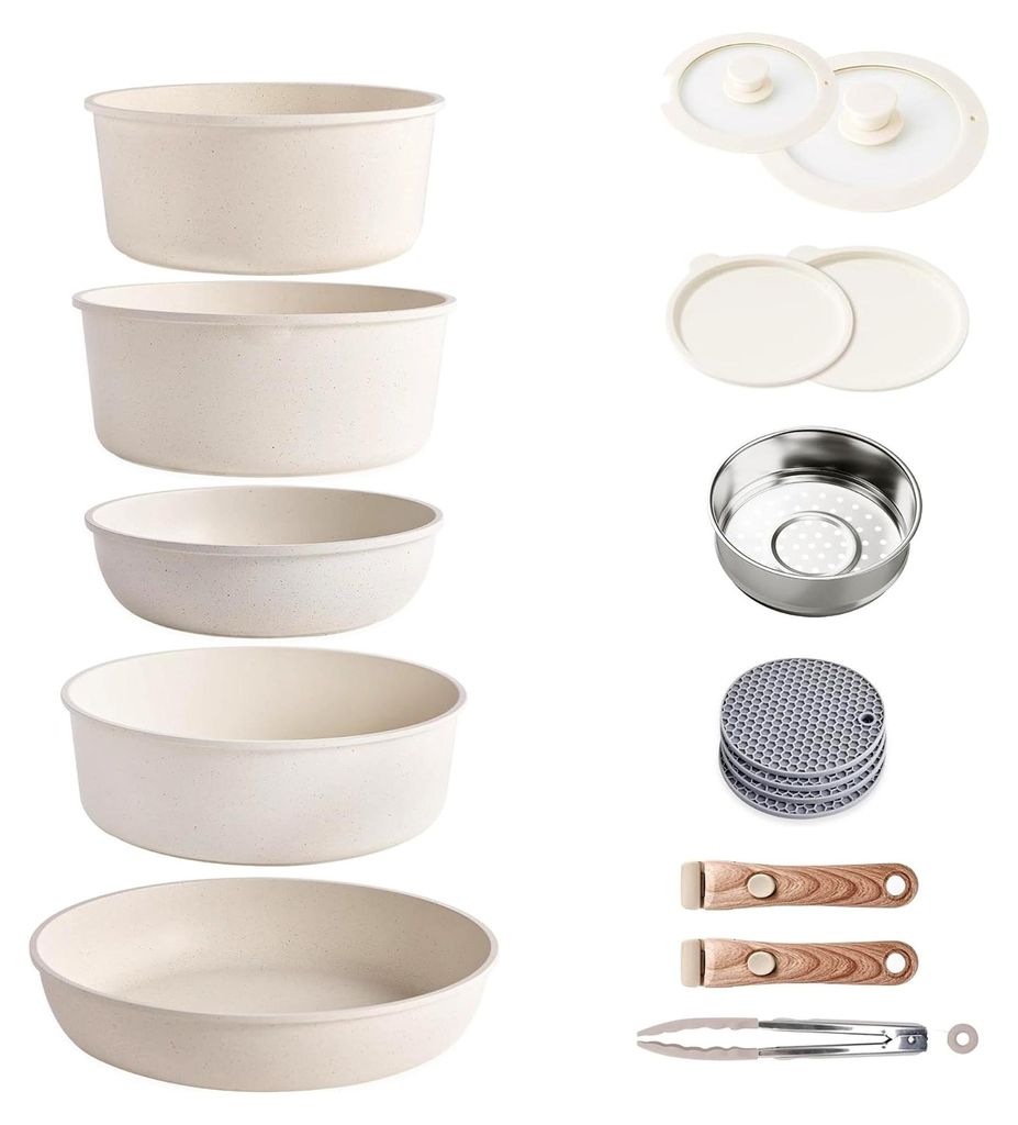 Induktions-Töpfe und Pfannen Set mit abnehmbaren Griffen, Antihaft-Granit Kochgeschirr-Set mit Silikon-Deckeln, platzsparend