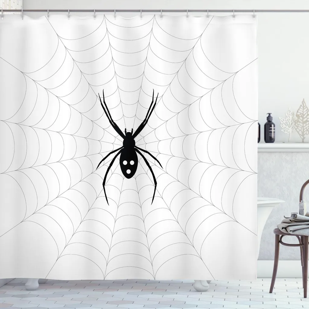 ABAKUHAUS Tenda da doccia a ragnatela, filo velenoso, ragnatela circolare, icon Halloween con ragno, 175 x 180 cm, bianco e nero