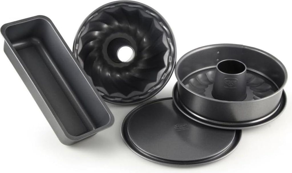 4-teiliges Backformen-Set mit Gugelhupfform Ø 25, Springform Ø 20 mit flachem und Rohrboden sowie einer quadratischen Backform 30 x 13 cm mit Ant...