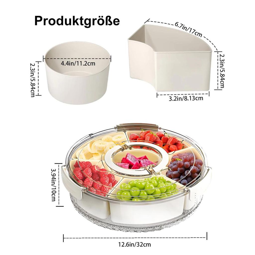 Serviertablett mit Unterteilung, Deckel und Griff, runde, drehbare Snackbox mit 6 F?chern, fš¹r Obst und Sš¹?igkeiten,drehbares Gemš¹setablett