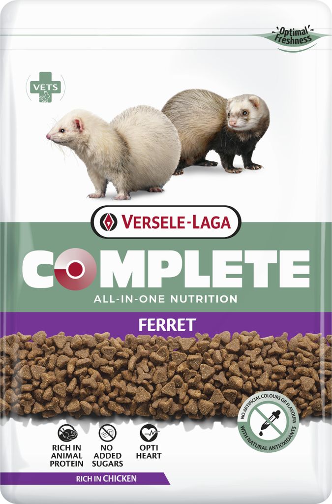 A bag of ferret food with images of ferrets on the packaging.