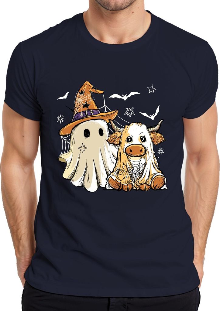 Halloween Kuh Geist süßes Kostüm Spinnennetz Hexenhut Cartoon Herren T-Shirt, Navy, S