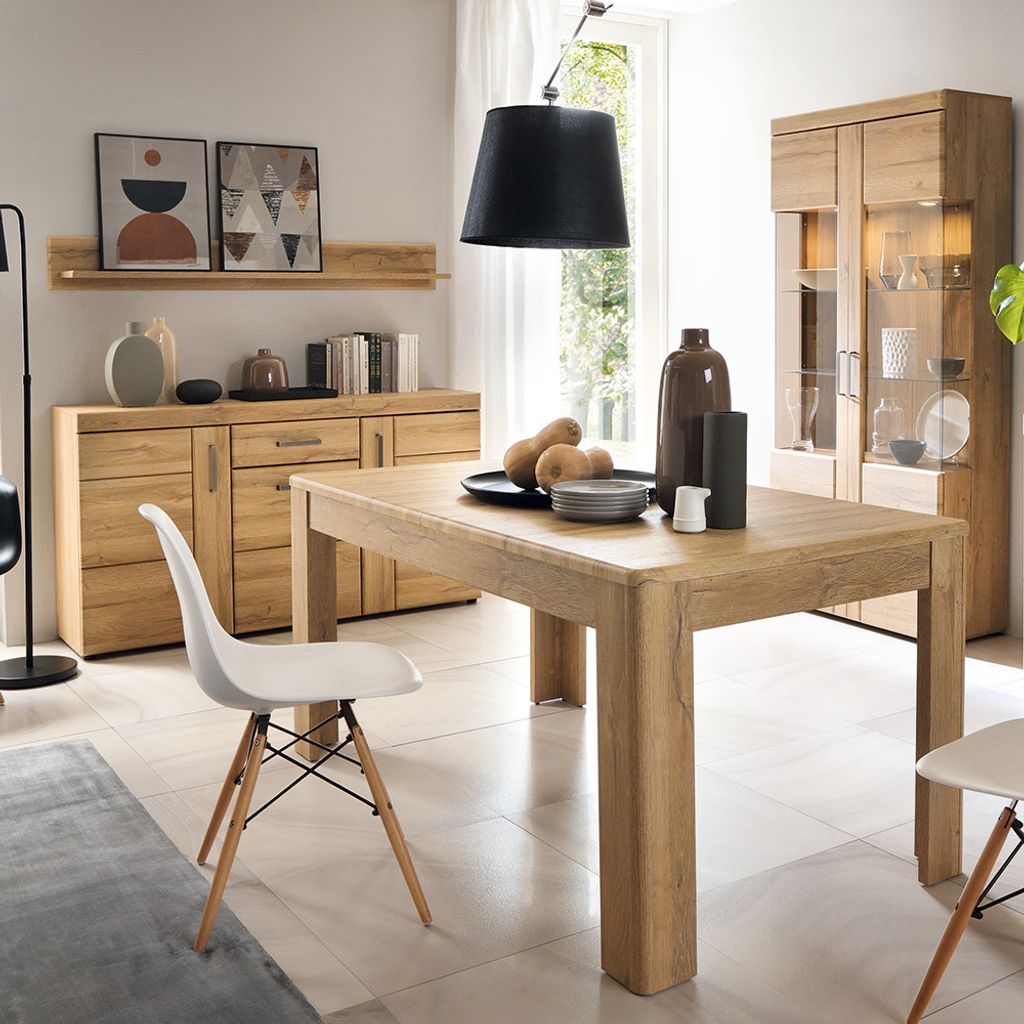 Esszimmer Set mit Ausziehtisch (160-200cm), 4-teilig, inkl. Beleuchtung, Grandson Eiche Nb., CARIATI-129