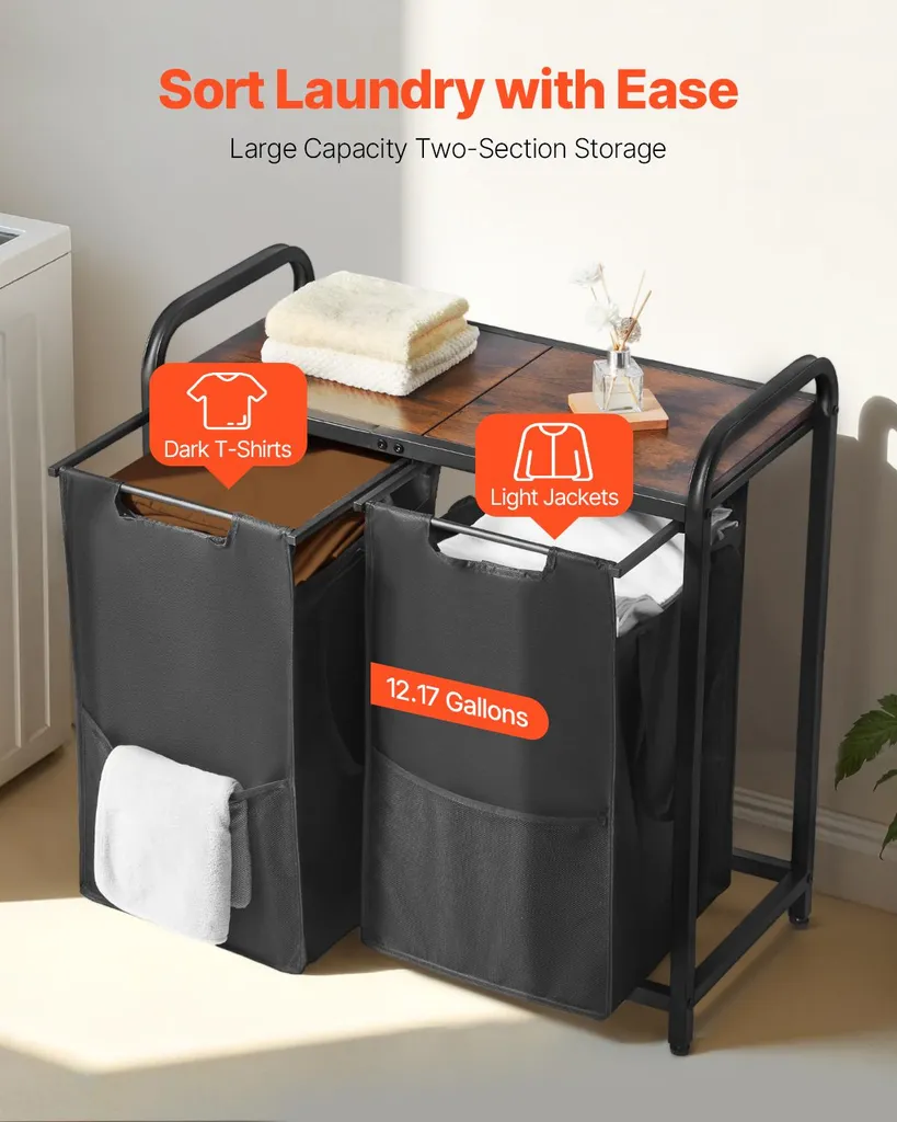VEVOR cesto portabiancheria con piano in legno, smistatore di biancheria con 2 sacchi estensibili (tessuto Oxford 600D) e struttura in metallo, sistema di smistamento della biancheria per i vestiti sporchi bagno nero - 3