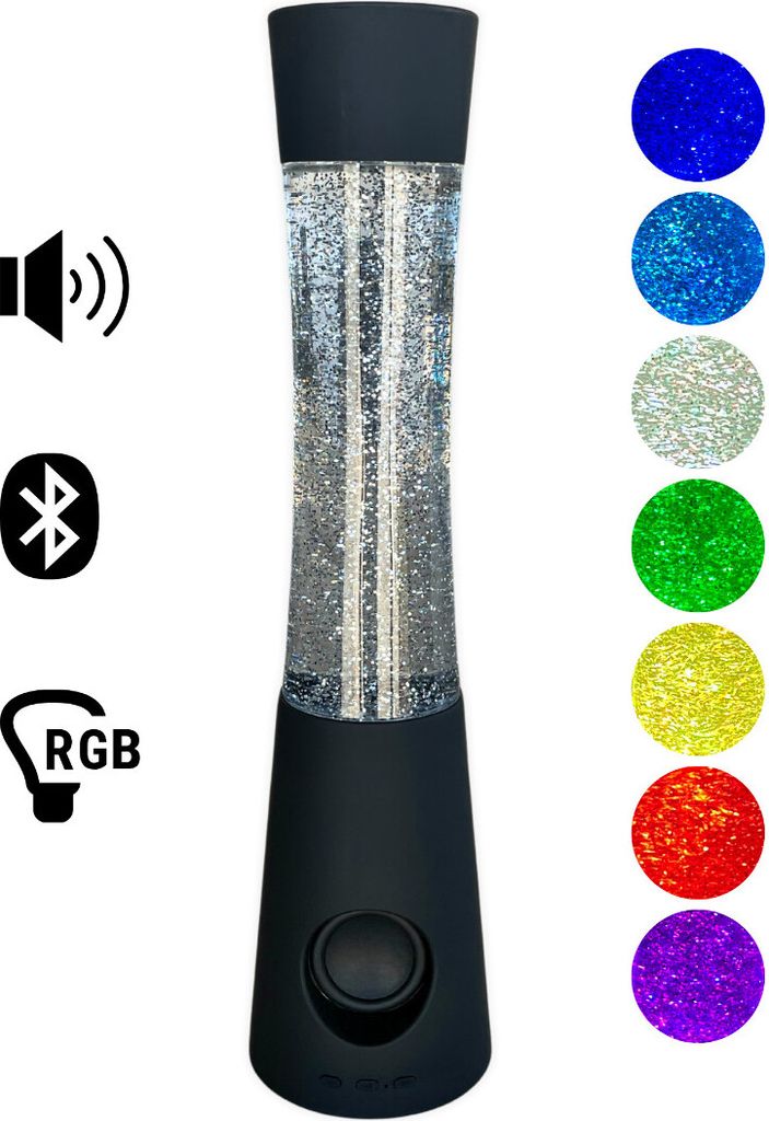 A glitter lamp with icons indicating sound, Bluetooth, and RGB lighting, with colored circles on the right side.
