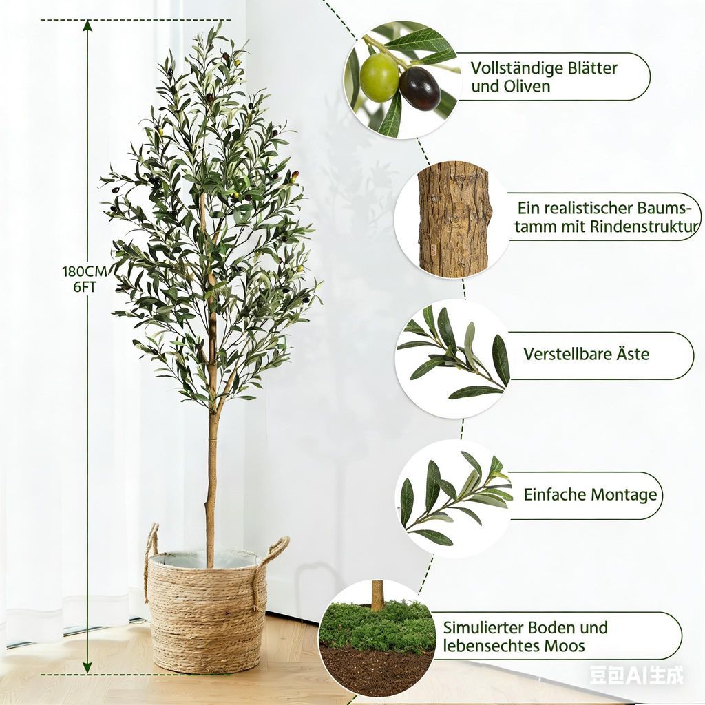 HAUSPROFI Kunstpflanze Olivenbaum 180 cm,Realistische Olive