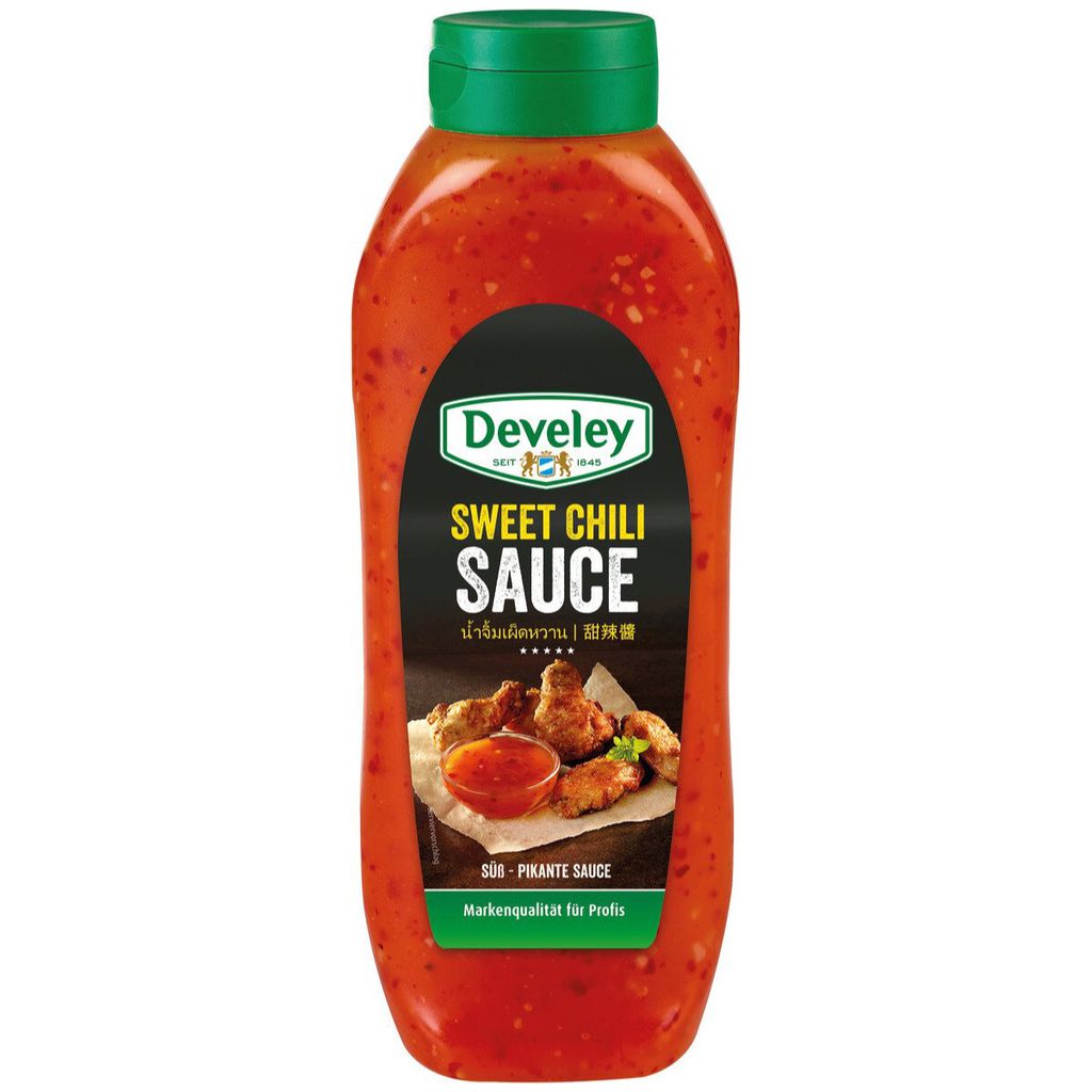 A bottle of Develey Sweet Chili Sauce with a label showing the product name and an image of chicken wings.