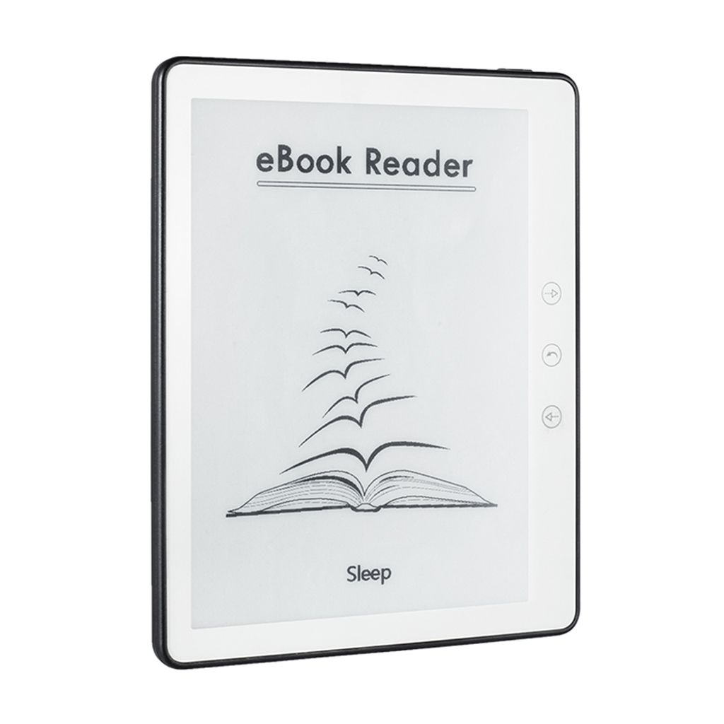 An e-book reader is shown against a white background.
