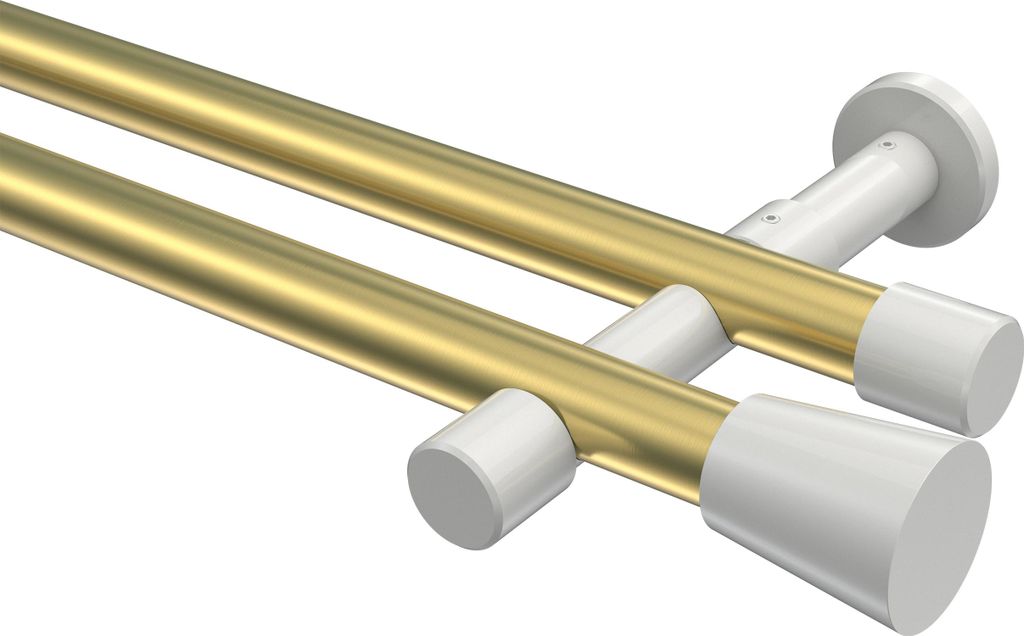 Interdeco Gardinenstange / Vorhangstange Messing-Optik / Weiß, Typ Prestige Sitra (Konus) ohne Ringe, 20 mm Ø 2-läufig, 400 cm