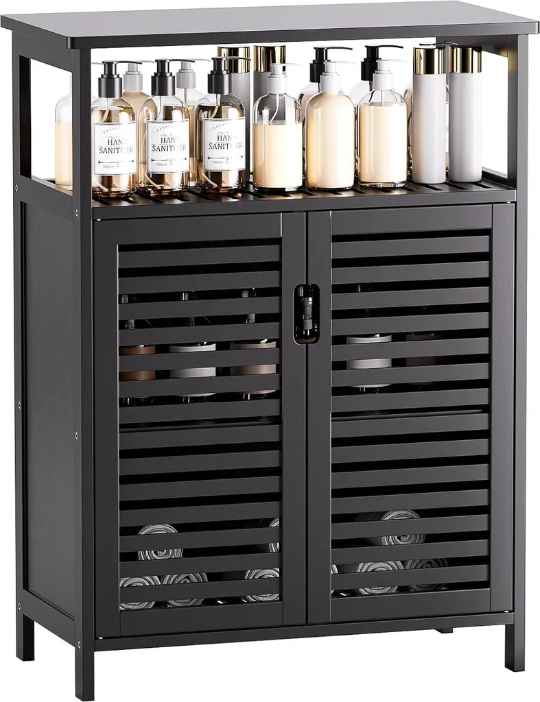 Meuble en bambou noir hydrofuge avec étagère et placard de bain