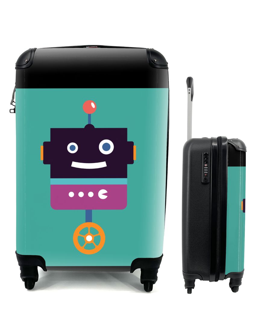 MuchoWow Koffer Handgepäck Trolley Rollkoffer Kleine Reisekoffer mit 4 Rollen - Roboter - Rad - Lila - Grün - Jungen - Kinder - Cabin Size < 55...