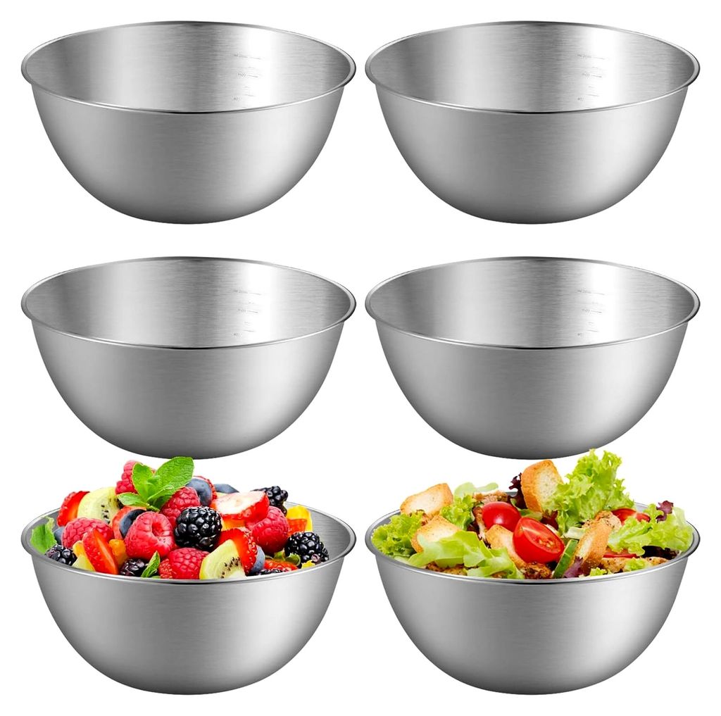 6 Stück Edelstahl Schüssel, Ø 17cm Stapelbar Metall Schüsselset, Rührschüssel mit Skala, Innen Poliert Salatschüssel, Metall Snackschalen, S...