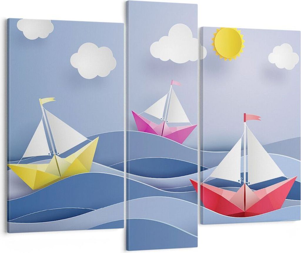 Bild auf Leinwand - Leinwandbild - Origami boot meer himmel - 95x80cm - Wand Bild - Wanddeko - Leinwanddruck - Bilder - Kunstdruck - Wanddekoration...