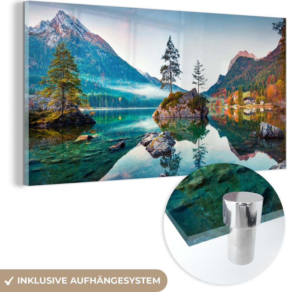MuchoWow Glasbilder - Bilder auf Wandbild - Foto auf Glas Berge - See - Bäume - Natur - Wasser 80x40 cm Wanddekoration aus Glas - Acrylglasbild - ...