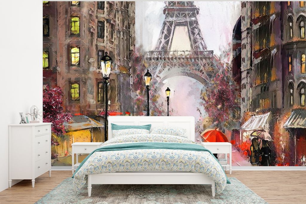 MuchoWow Fototapete für Wohnzimmer oder Schlafzimmer Wandtapete Vinyl Motivtapete Gemälde - Paris - Eiffelturm - Regenschirm - Ölgemälde - 35...