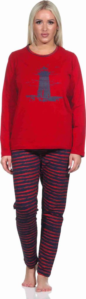 Maritim gestreifter Damen langarm Schlafanzug Pyjama mit Leuchtturm Motiv ; rot , 40