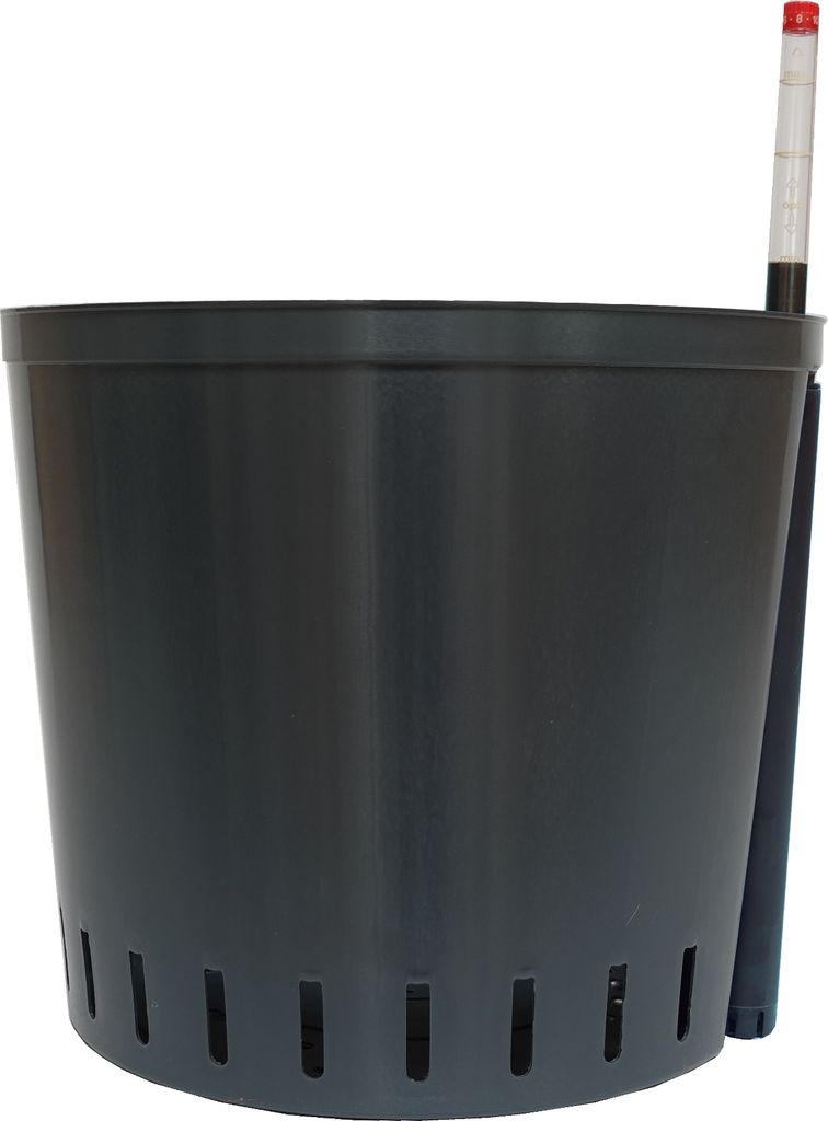 A dark gray planter with a water level indicator is shown against a white background.