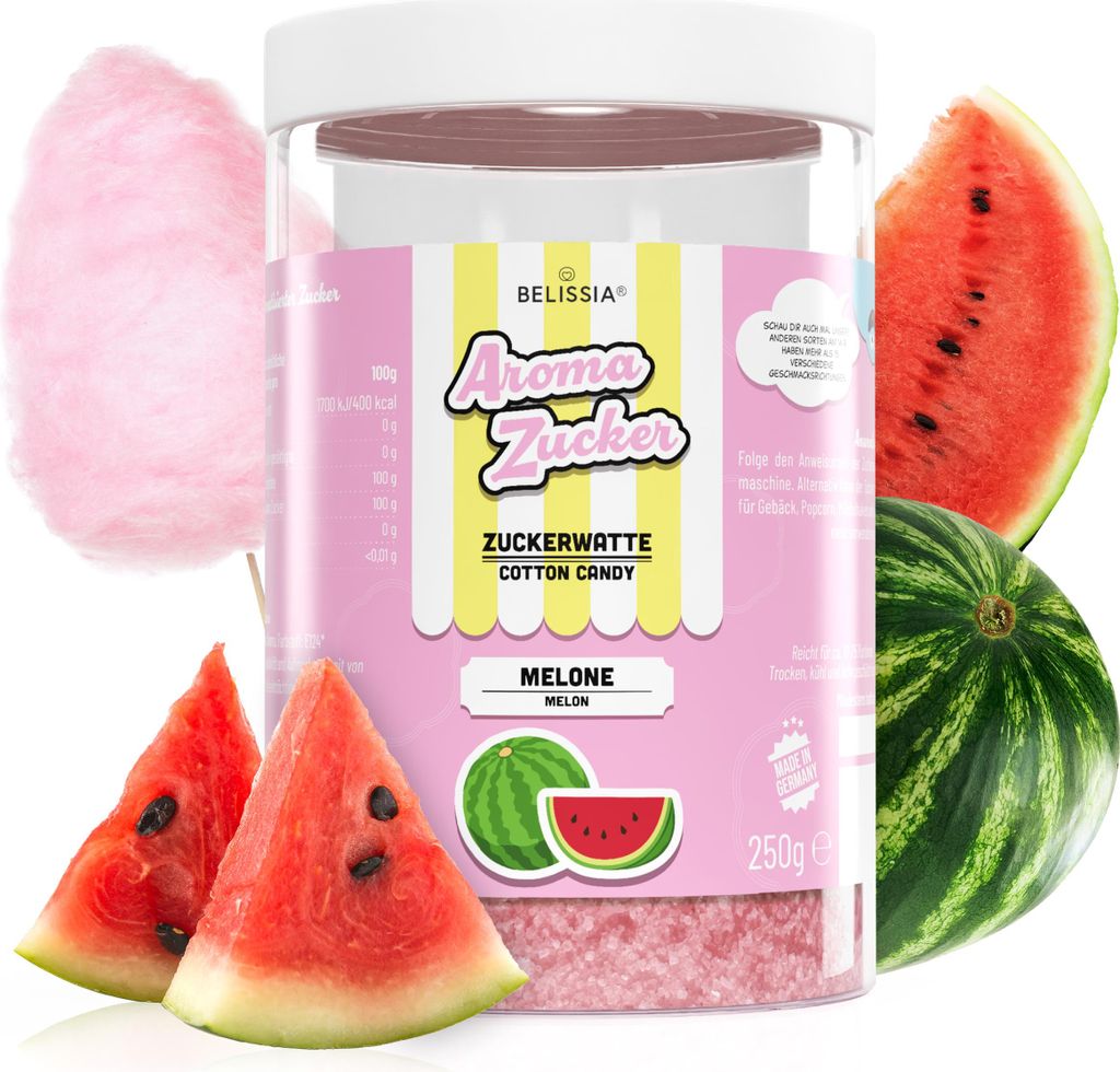 Belissia Aroma Zucker - Melone - 250 g Aromatisierter Zucker für Zuckerwatte, Backen, Desserts, Slush & mehr - Farbig, Intensiv, Vielseitig