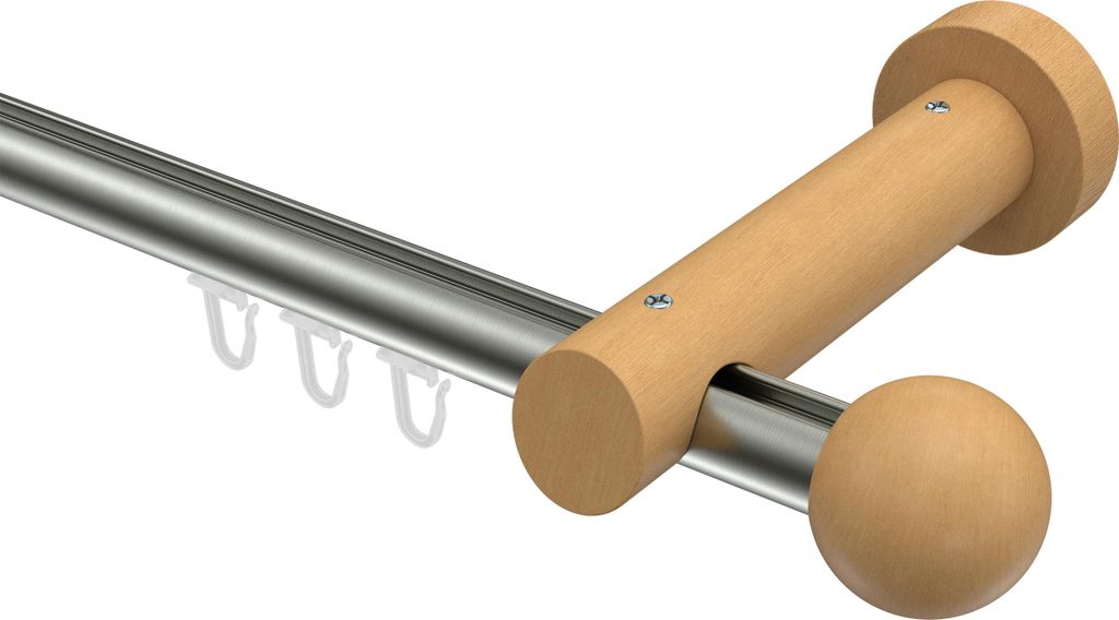 Interdeco Innenlaufstange / Gardinenstange mit Innenlauf Edelstahl-Optik / Buche lackiert, Typ Talent Luina (Kugel), 20 mm Ø 1-läufig, 320 cm