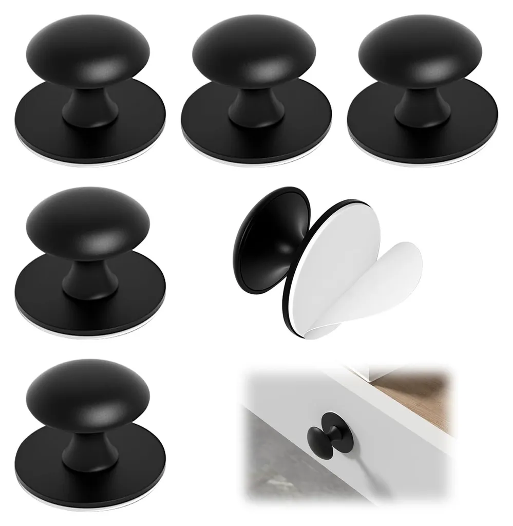 Boutons de placard noirs sans perçage en inox, fixation adhésive lot de 6