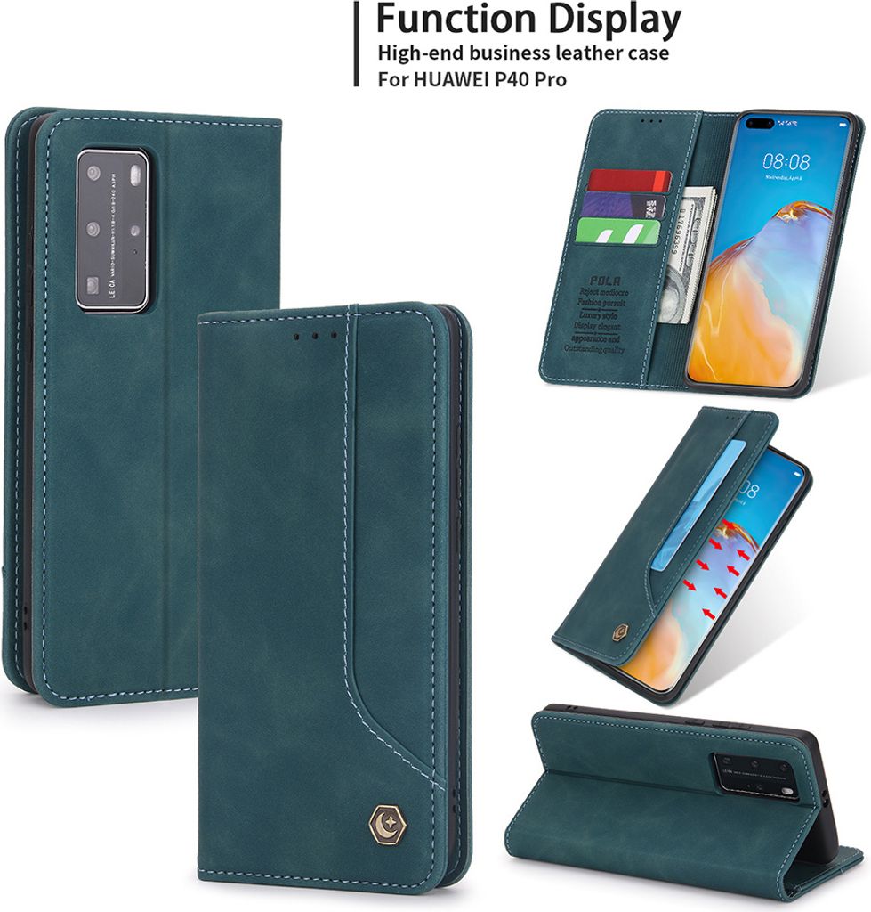 Huawei P40 Pro Hülle, LaimTop Retro Kunstledertasche Schutzhülle mit Kartenfach Standfunktion für Huawei P40 Pro Blau