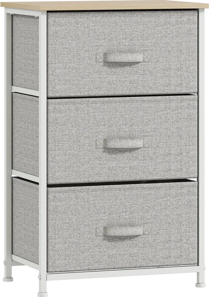 Commode tissu et acier gris clair avec 3 grands tiroirs amovibles