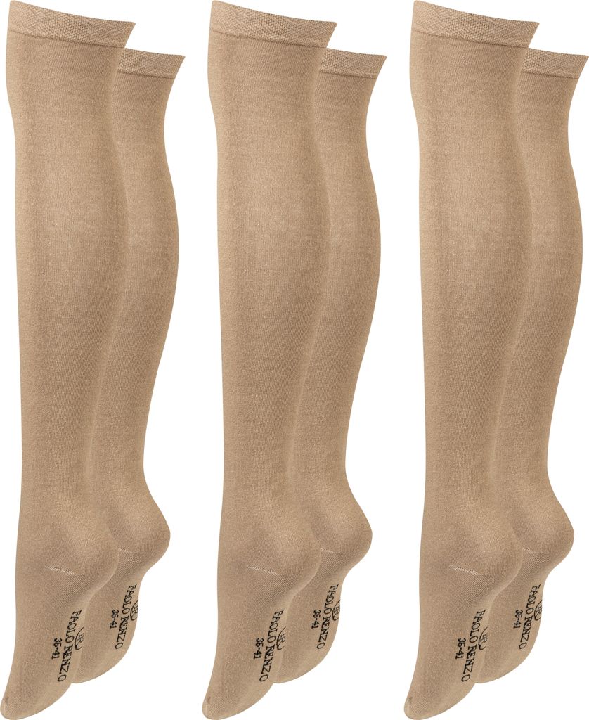 Paolo Renzo Damen Overknee aus Baumwolle mit Anti-Rutsch-Bund 3 Paar - Größe 36/41 - Beige