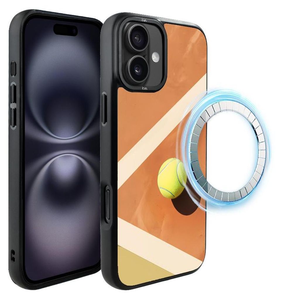 Schutzhülle für das iPhone 16 Plus, MagSafe-kompatibel, mattschwarze Seiten, Tennisball, Spielfeld