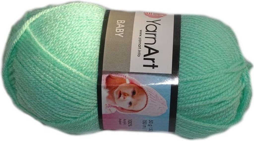 A ball of mint green yarn with a label showing the brand and a baby.