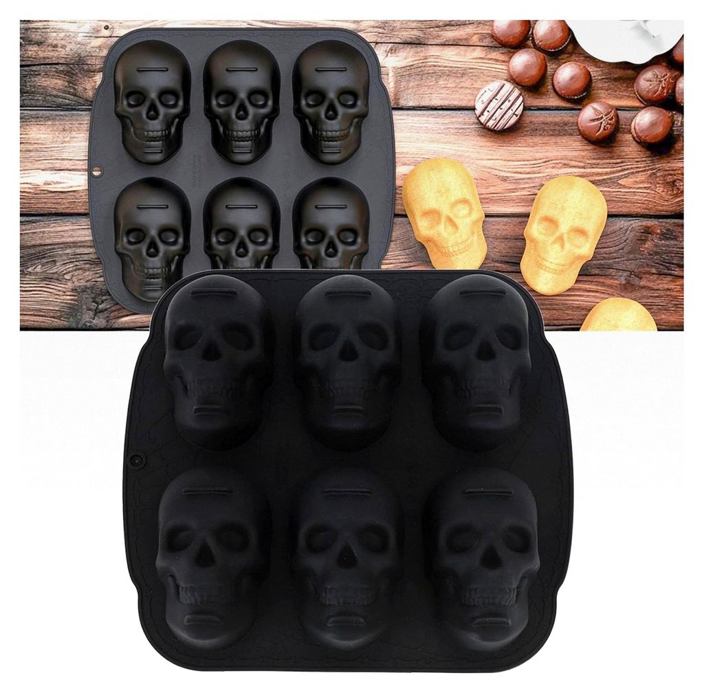 Totenkopf-Kopf-Backform für Halloween, Skelett-Silikonpfanne, schwarze Form für Backgeschirr-Sets im Freien