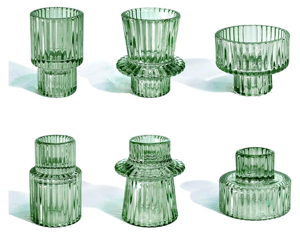 Kerzenhalter aus Glas, 6er Set Teelichthalter in Grün Transparent für Stabkerzen und Teelichter, 2 in 1 Kerzenständer aus Klarglas für Tischdek...