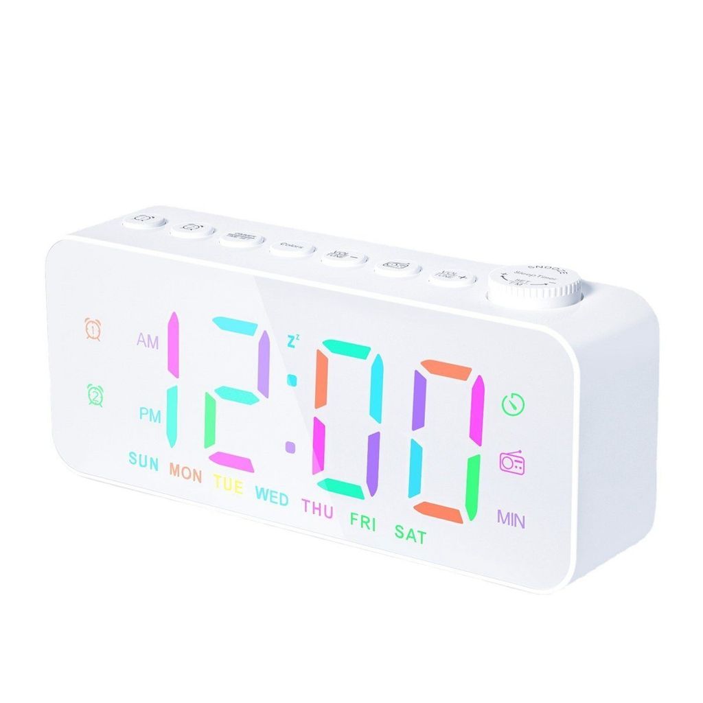 A white digital alarm clock with a colorful display.