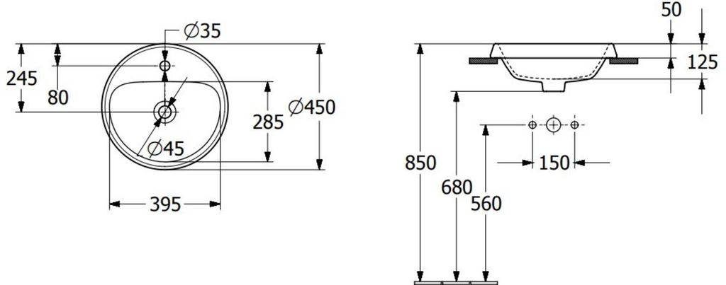Villeroy & Boch Architectura Inbouwwastafel Rond Zonder Overloop Met Kraangat 45x45x17 cm Alpin Wit
