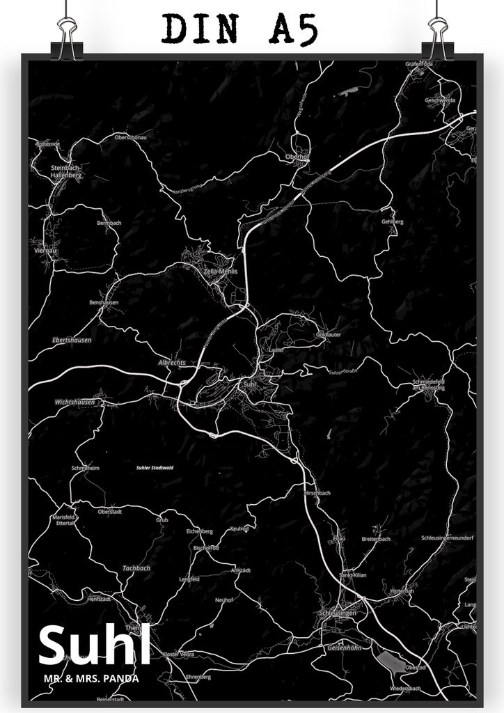 Mr. & Mrs. Panda Bild Suhl DIN A5 - Geschenk, Wandbild, Plakat, drucke, Stadt, Dorf Karte Landkarte Map Stadtplan, wanddeko, kunstdruck poster