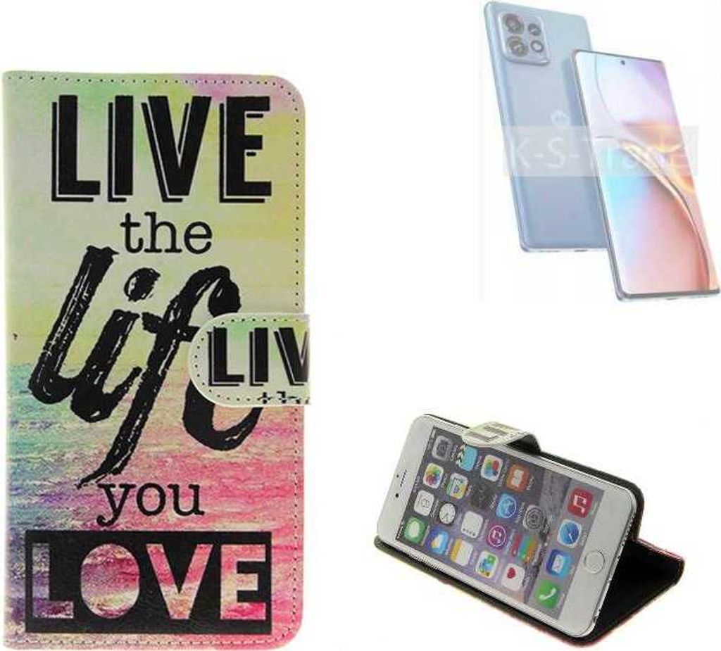 K-S-Trade Schutzhülle Handyhülle kompatibel mit Motorola Edge 40 Pro 360° Wallet Case “live life love“ Klapphülle Tasche Etui Smartphone Flip