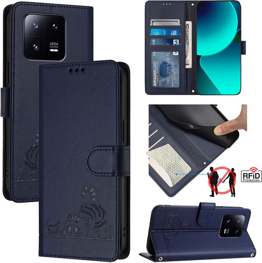 Leder Hülle für Xiaomi 13 Pro Süße Katze Flip Case Brieftasche Schutzhülle mit Standfunktion Blau