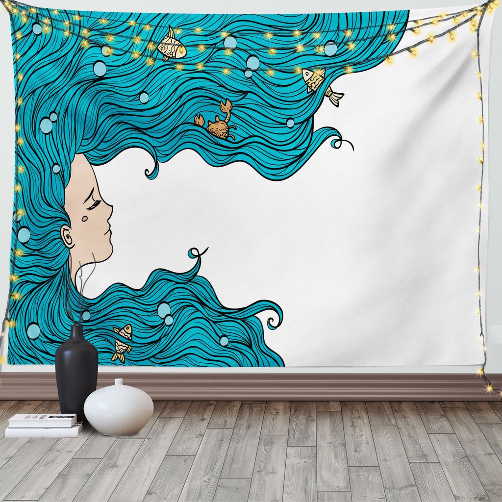 ABAKUHAUS Meerjungfrau Wandteppich, Mädchen Oceanic Frisur, Wohnzimmer Schlafzimmer Heim Seidiges Satin Wandteppich, 200 x 150 cm, Benzinblau Weiß