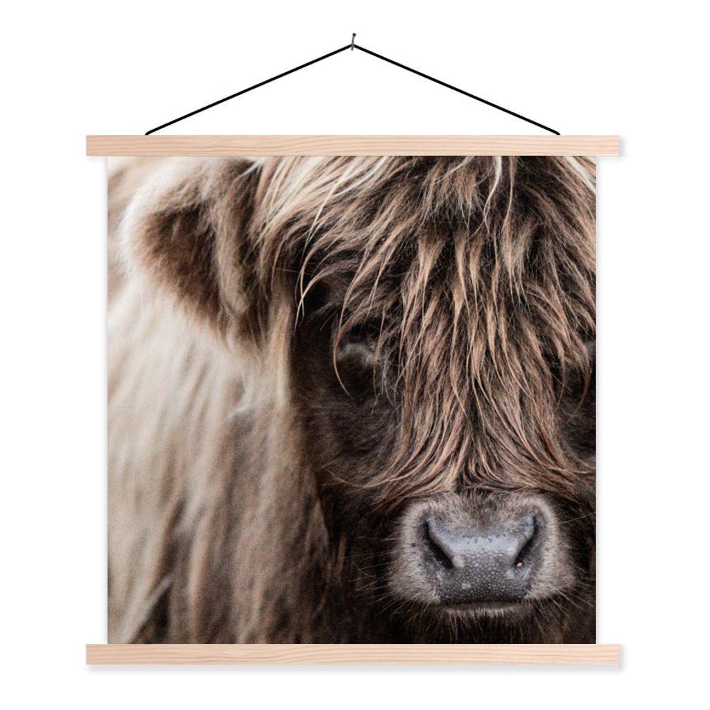MuchoWow Textilposter Schottischer Highlander - Schottische Kuh 120x120 cm mit holzfarbenen Rahmen - Textil-Poster