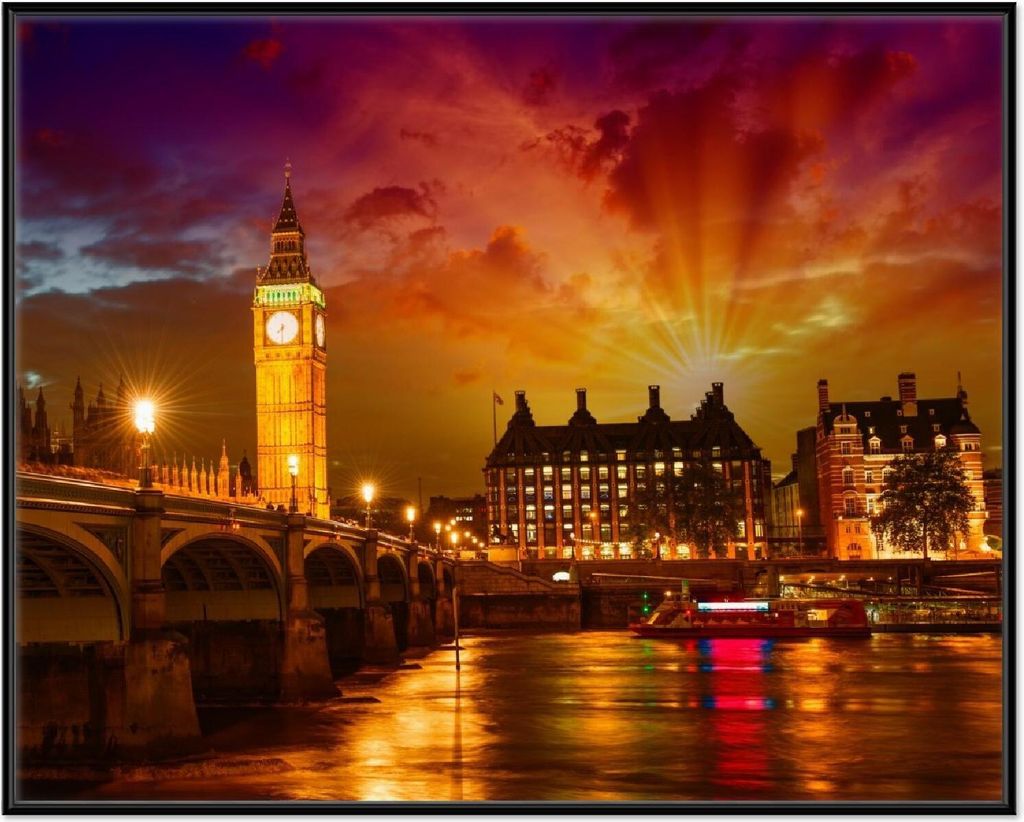 Wallario Wandbild London - Big Ben in strahlenden Farben, Größe: 40,30 x 50,30 cm, Poster mit schwarzem Aluminiumrahmen
